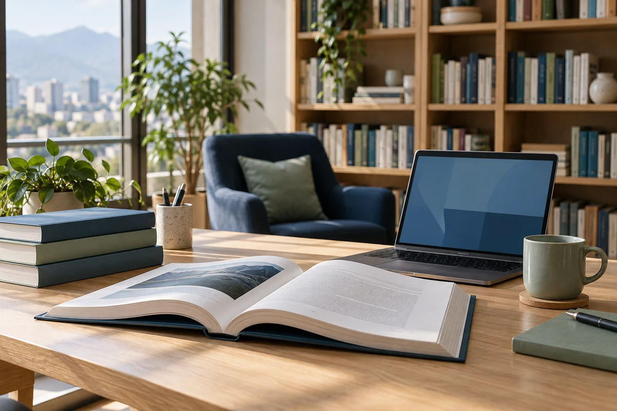 Escena referencial de libros y recursos digitales en un espacio de lectura profesional.