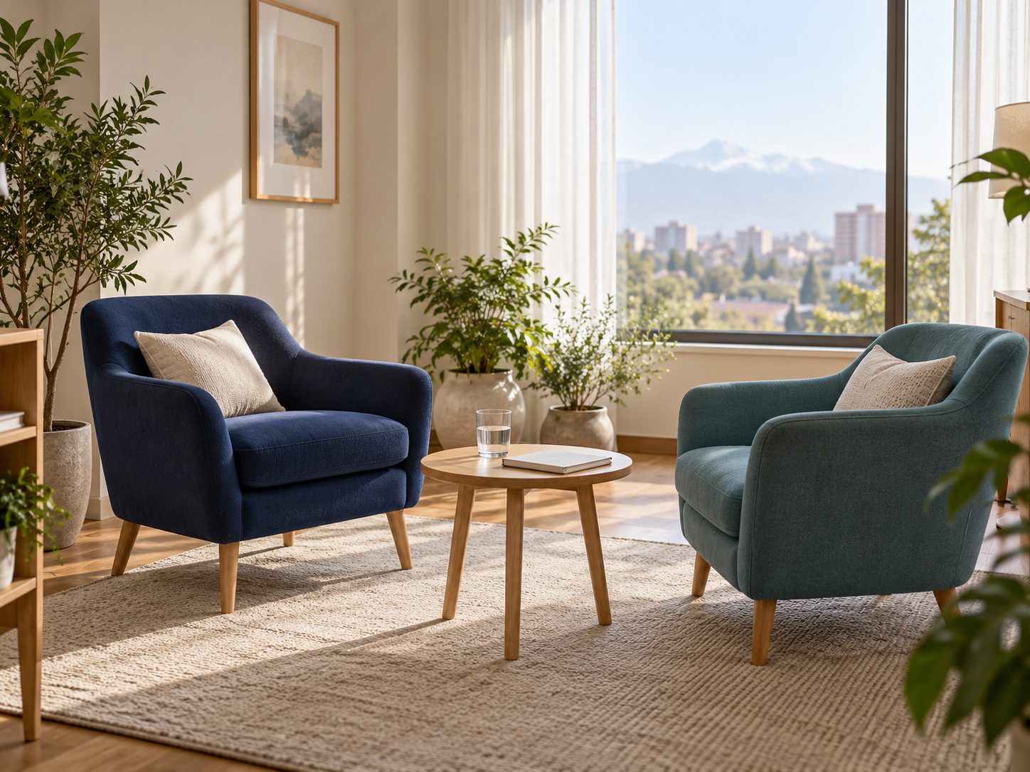 Espacio referencial de atención psicológica con dos sillones y luz natural.